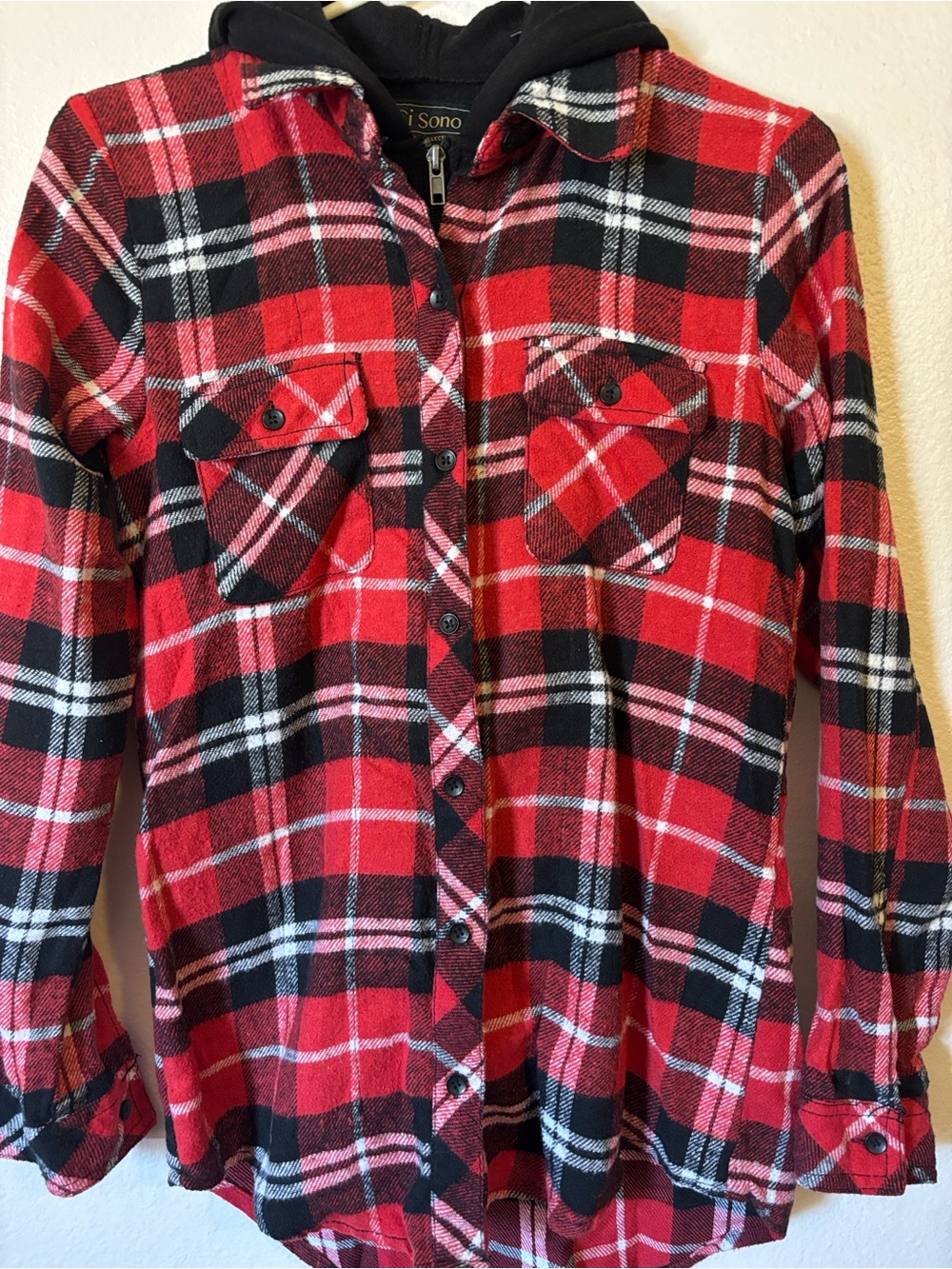 Ci Sono Mens Red Black Plaid Hooded Flannel Shirt Jacket Button Up